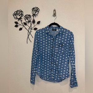 URBAN Outfitters BDG Women Button Up Top XS Blue Polka Dot Denim Long Sleeve